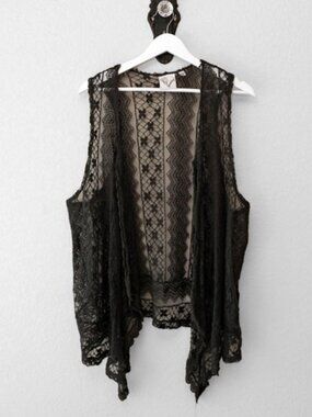 Janette Plus Janet Chung Lace Vest Womens 2X Black Green Boho Duster Open Front